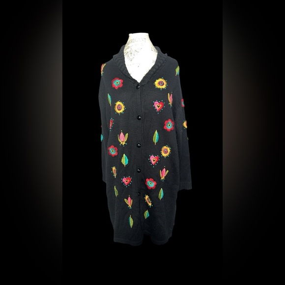 Bob Mackie Sweaters - Vintage Bob Mackie Black Cardigan with Colorful Floral Embroidery